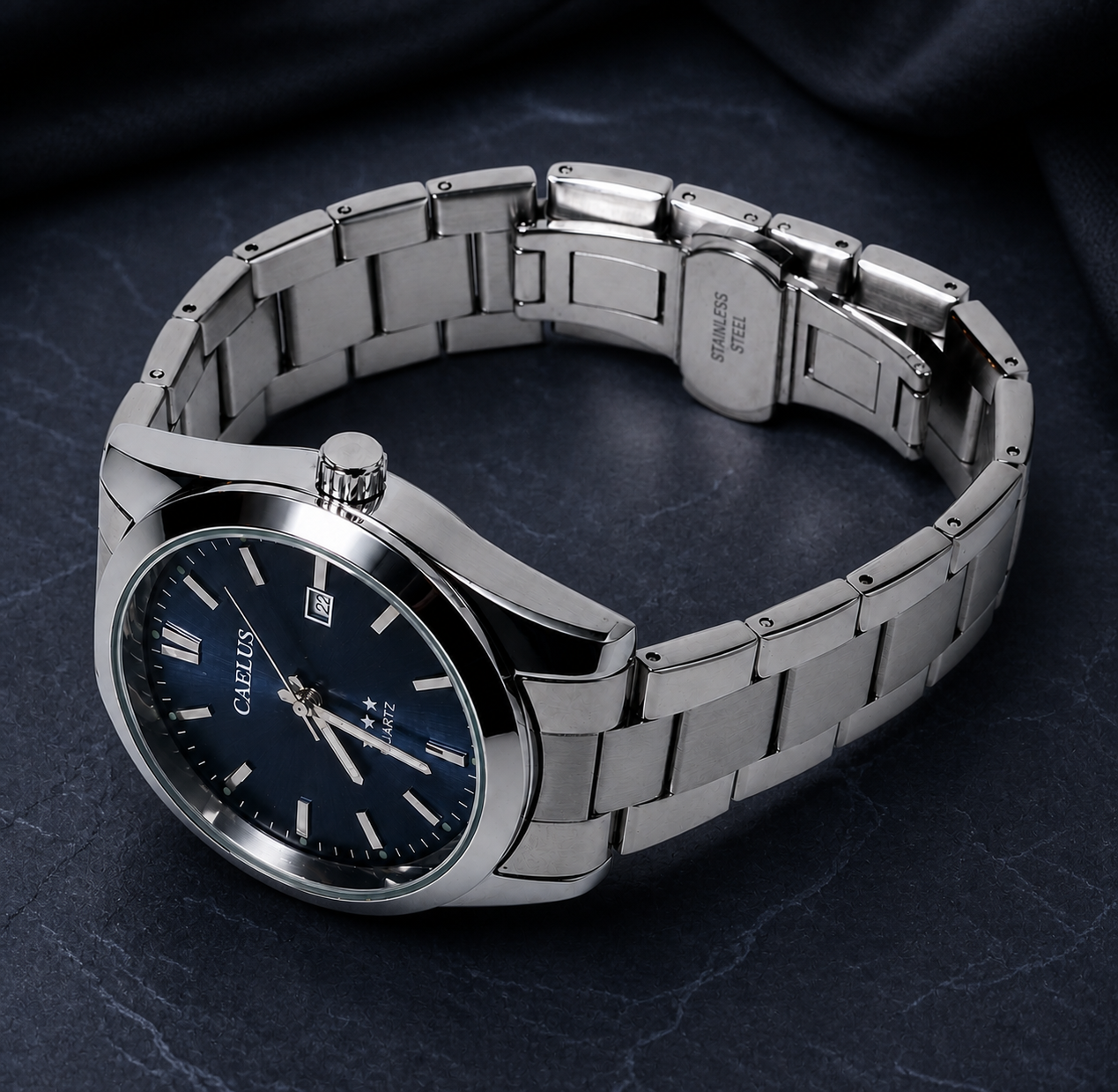 CAELUS Model 01 blue watch shown from its original angle on midnight-blue stone