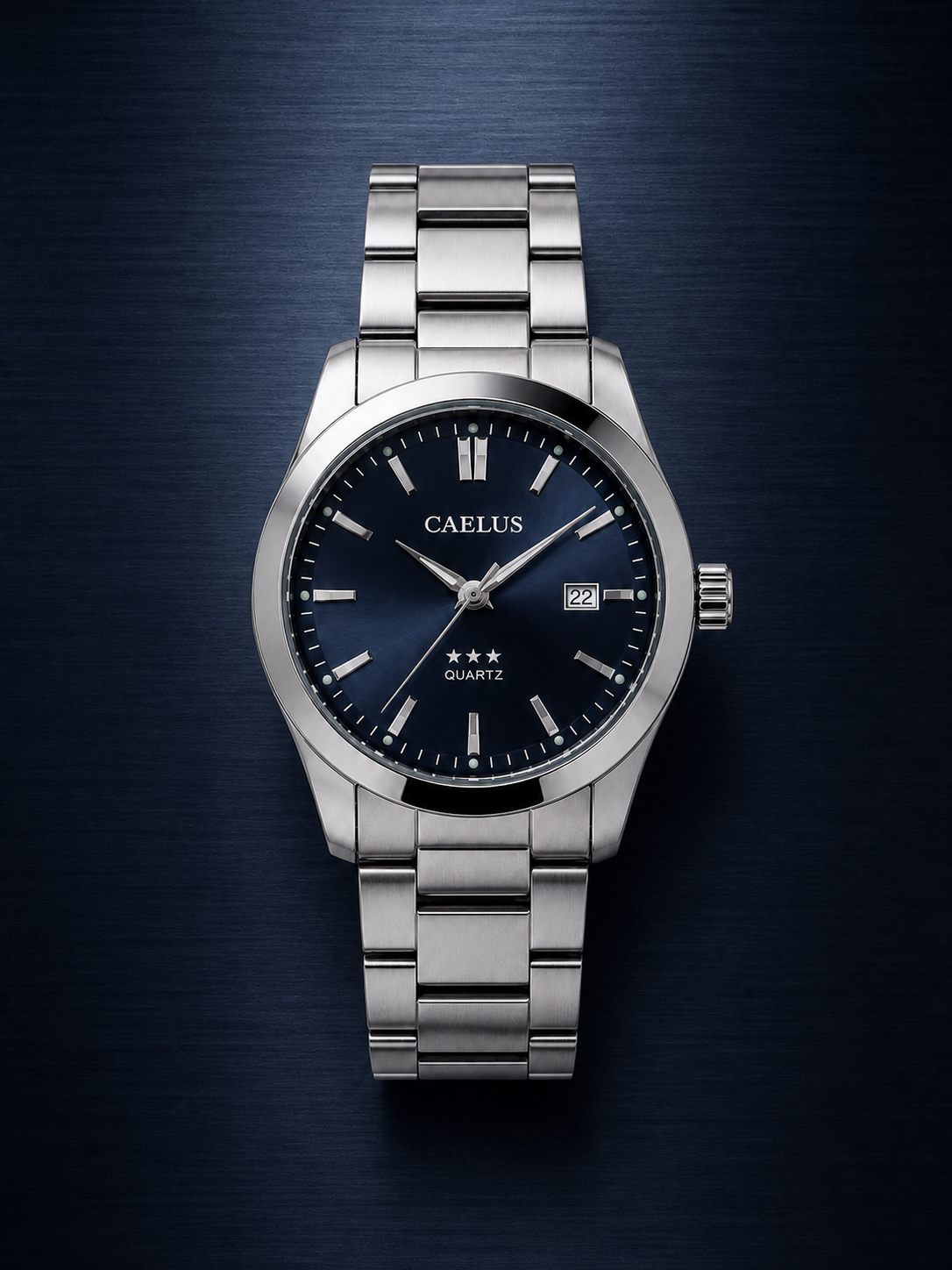 CAELUS Model 01 blue dial watch, vertically aligned on midnight-blue metal