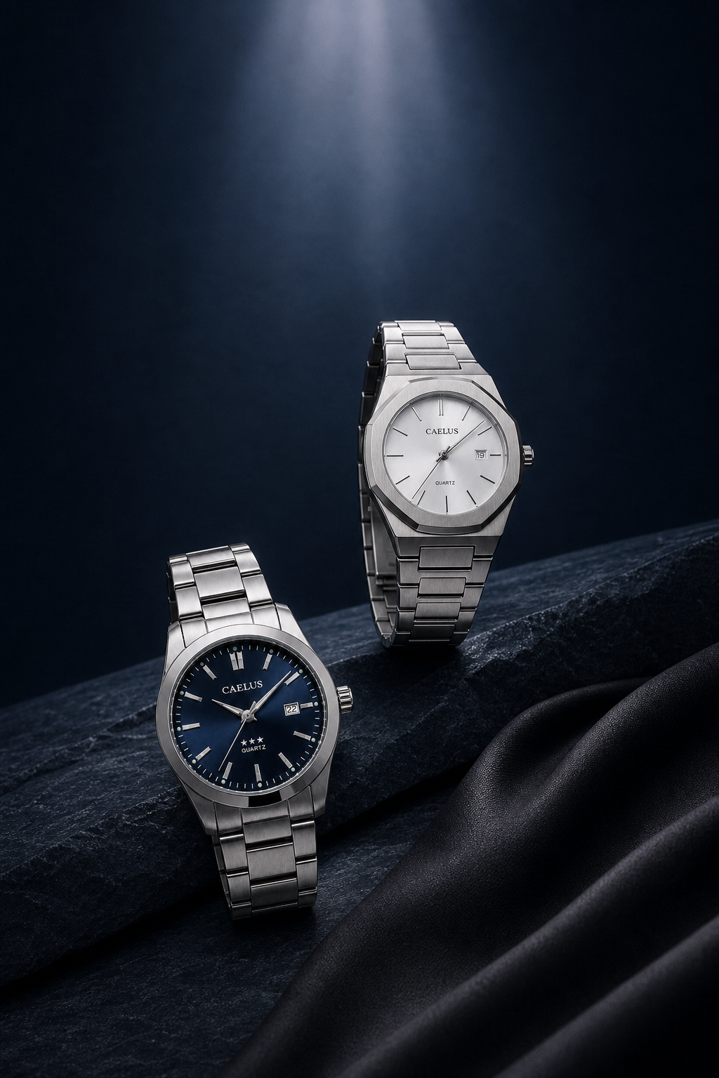 CAELUS blue and white watches rising toward a beam of light