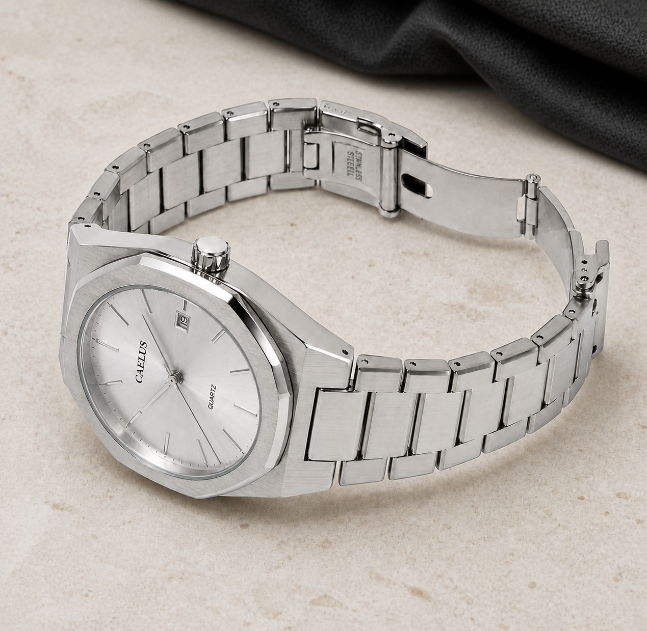 CAELUS Model 02 white watch at its original angled pose on pale stone